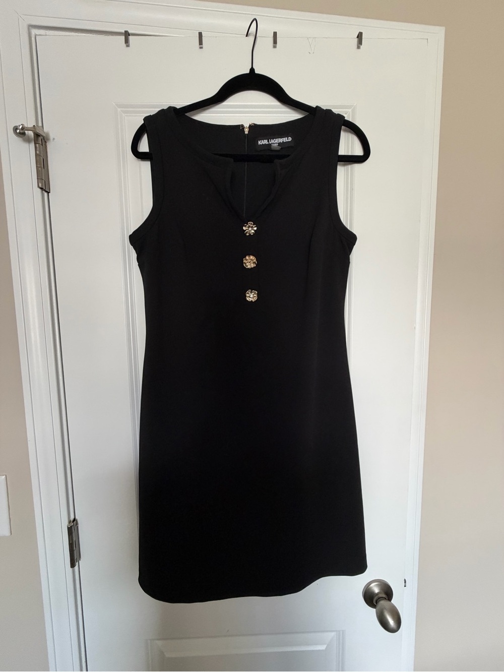 Karl Lagerfeld Black Sleeveless Shift Dress with Gold-Tone Buttons